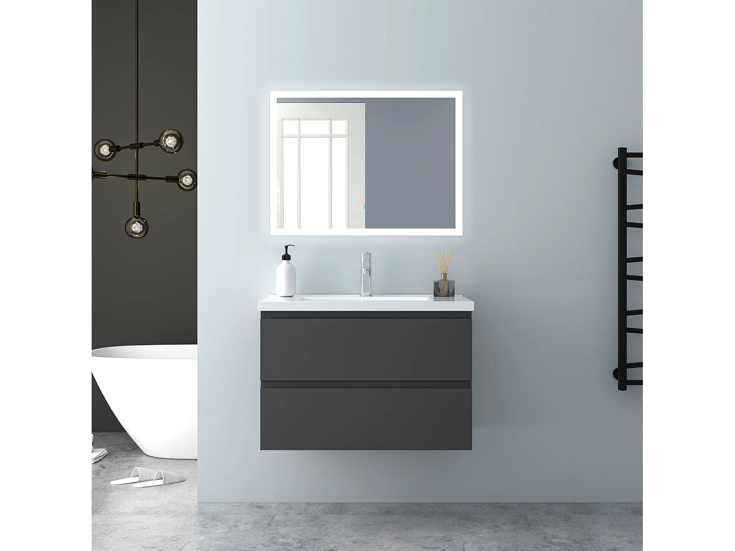 AICA Waschbeckenunterschrank hängend 80cm Keramik Waschtisch mit Unterschrank - Dunkelgrau Matt - CINIC