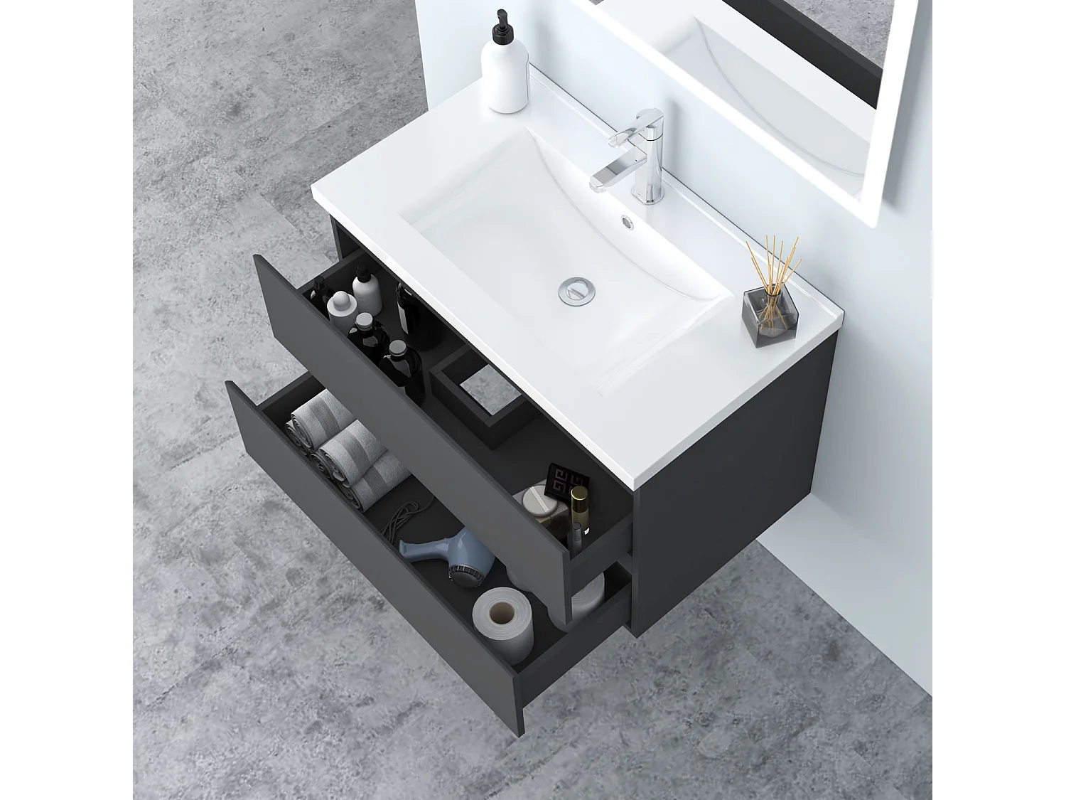 AICA Waschbeckenunterschrank hängend 80cm Keramik Waschtisch mit Unterschrank - Dunkelgrau Matt - CINIC