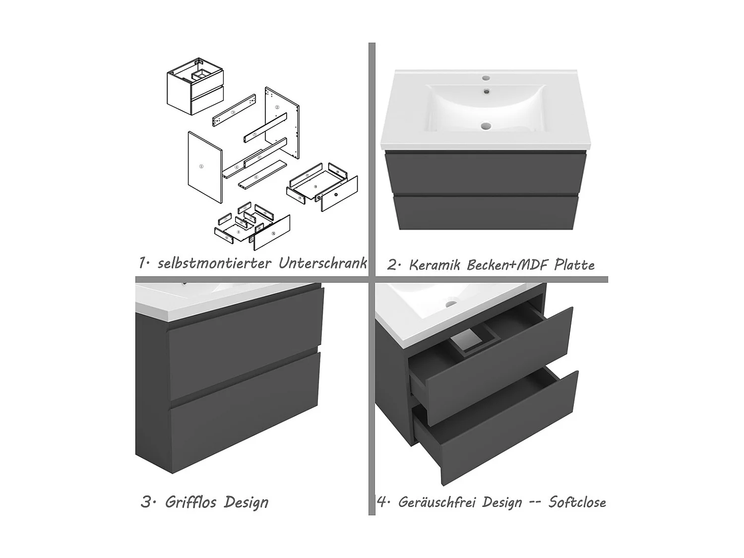 AICA Waschbeckenunterschrank hängend 80cm Keramik Waschtisch mit Unterschrank - Dunkelgrau Matt - CINIC