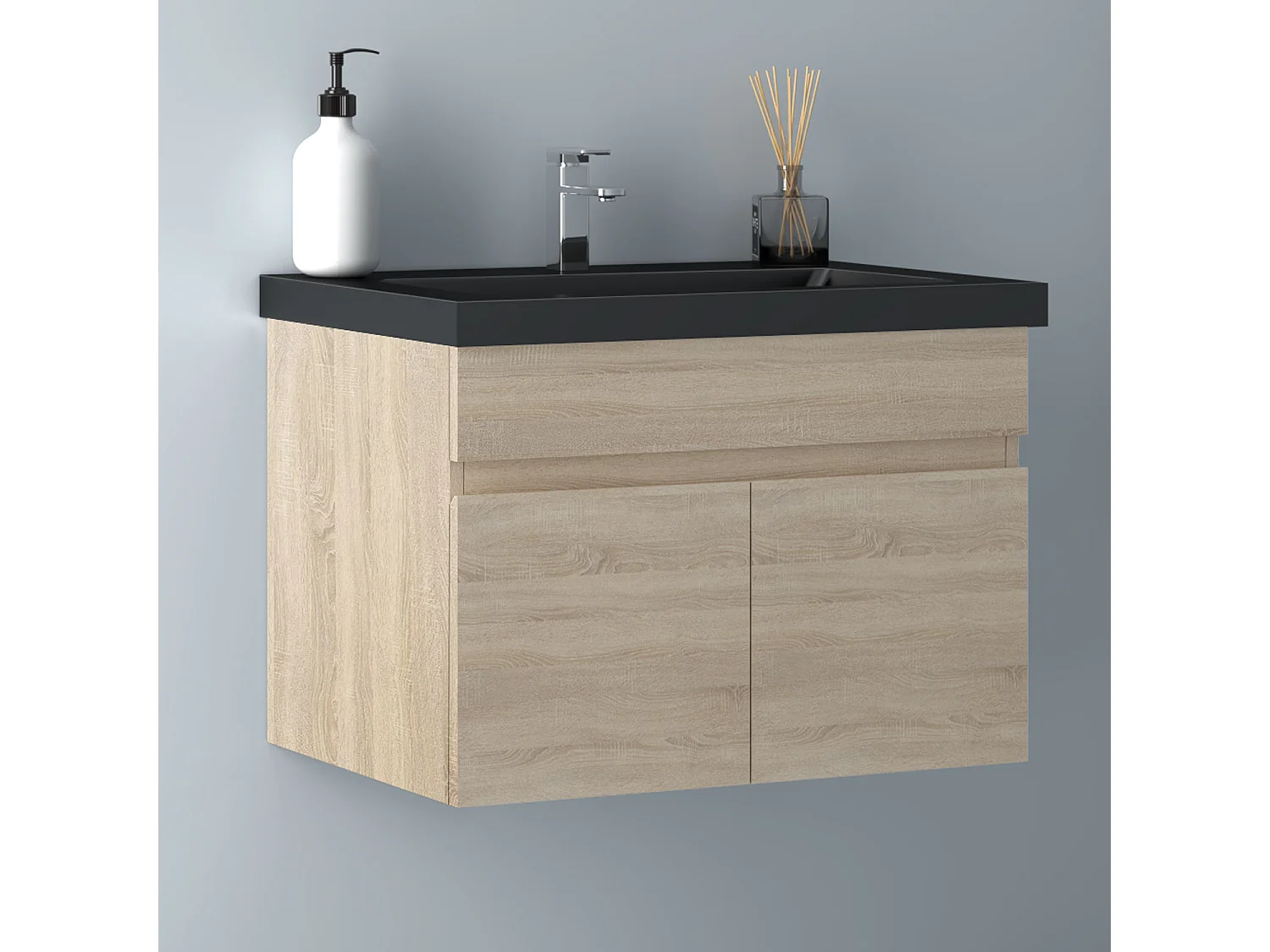 AICA Badezimmerschränke 60cm Schwarz Mineralguss Waschtisch mit Unterschrank - Eiche Matt Hängeschrank - MARO