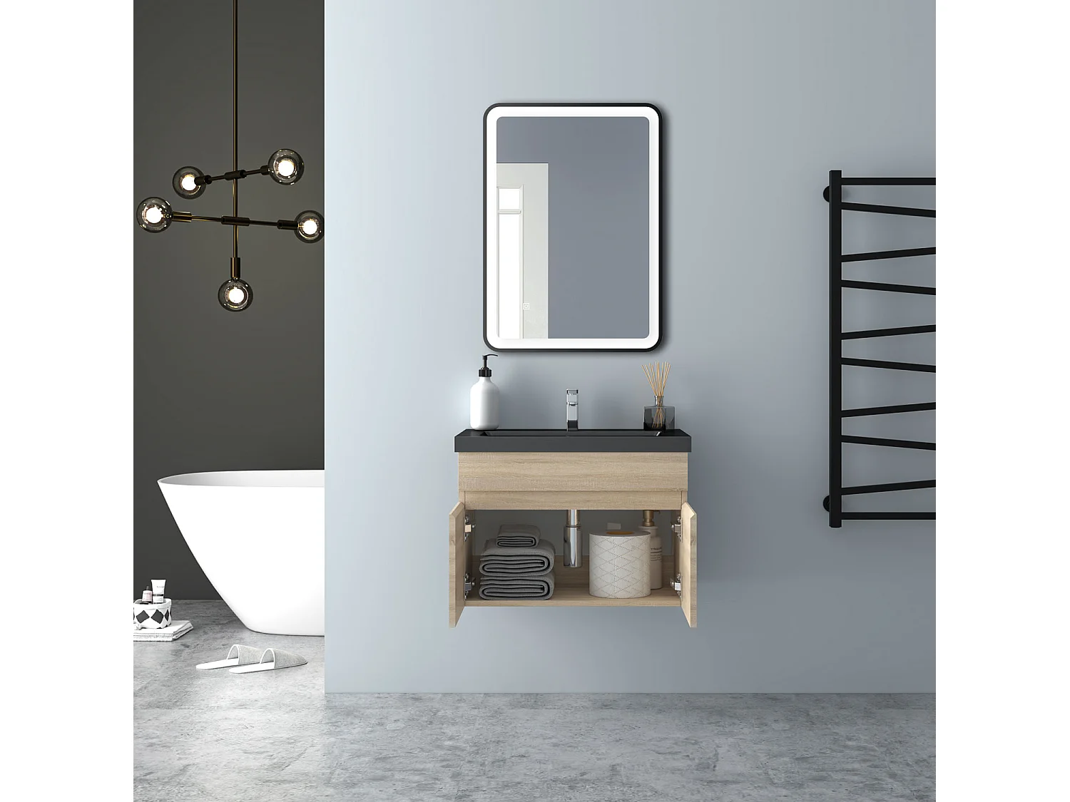 AICA Badezimmerschränke 60cm Schwarz Mineralguss Waschtisch mit Unterschrank - Eiche Matt Hängeschrank - MARO