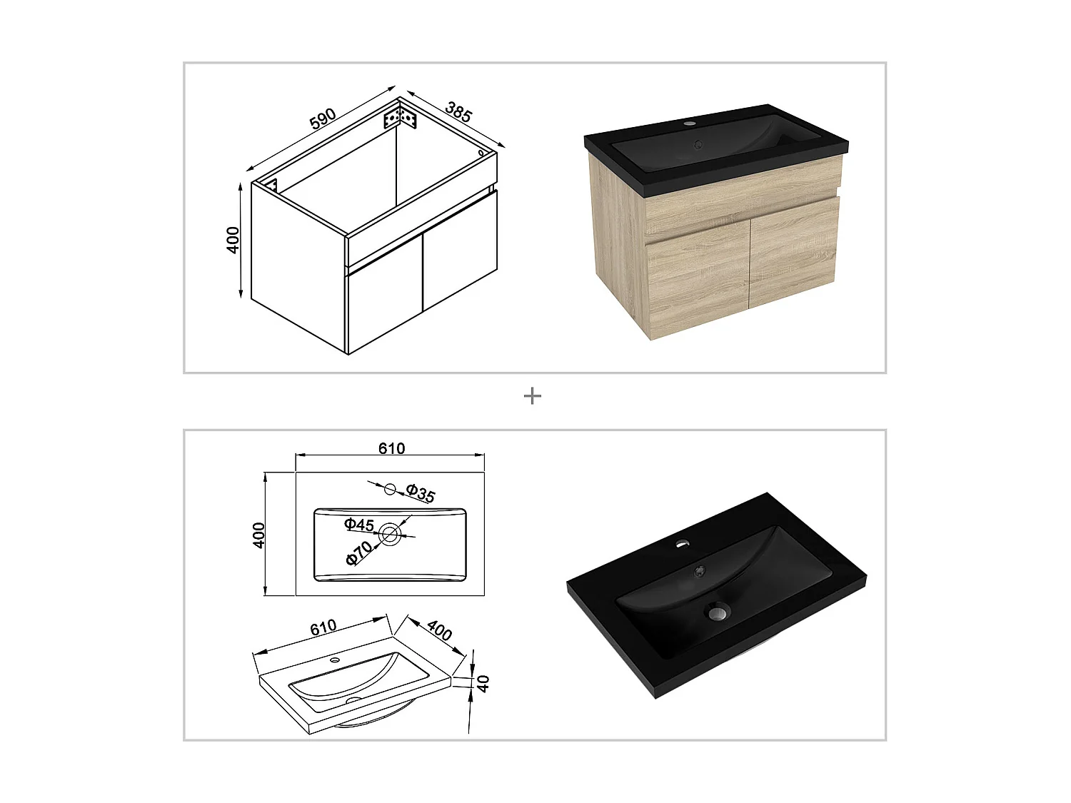 AICA Badezimmerschränke 60cm Schwarz Mineralguss Waschtisch mit Unterschrank - Eiche Matt Hängeschrank - MARO