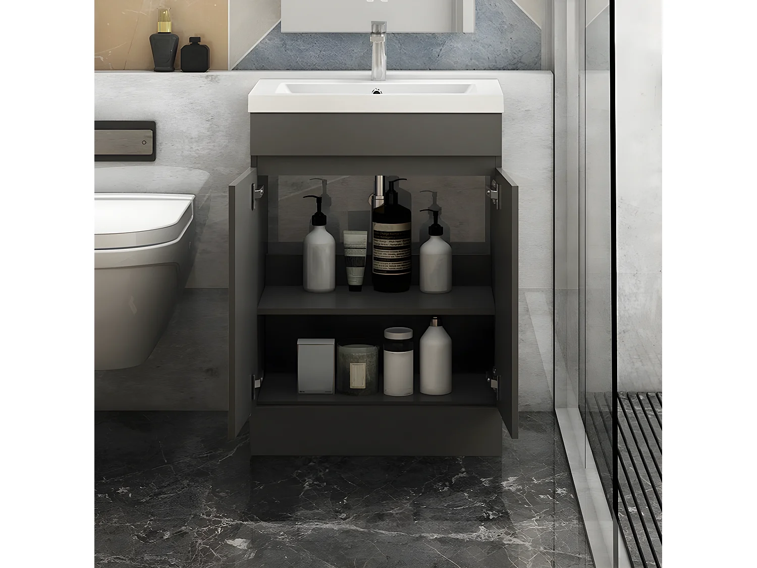 AICA Badezimmermöbel 60 cm Mineralguss waschbecken mit unterschrank -Dunkelgrau Matt Standschrank - KANY