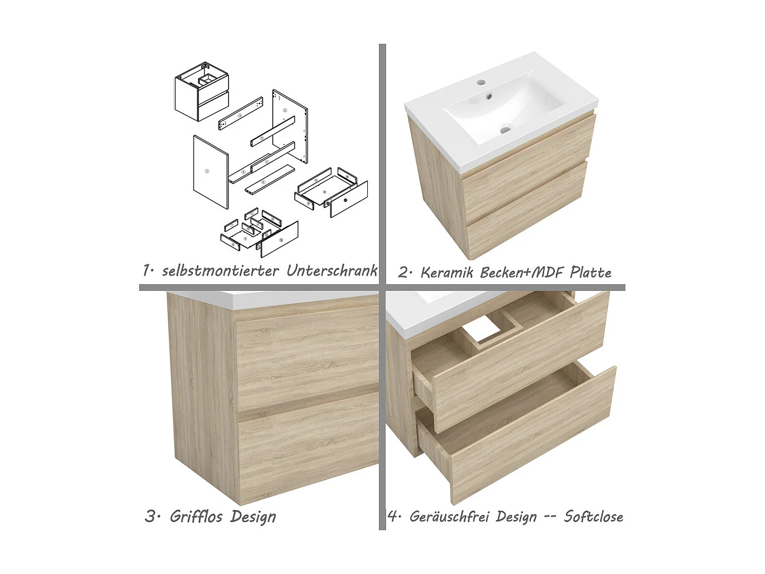 AICA Waschbeckenunterschrank hängend 60cm Dickes Keramik Waschtisch mit Unterschrank - Eiche Matt - CINIC