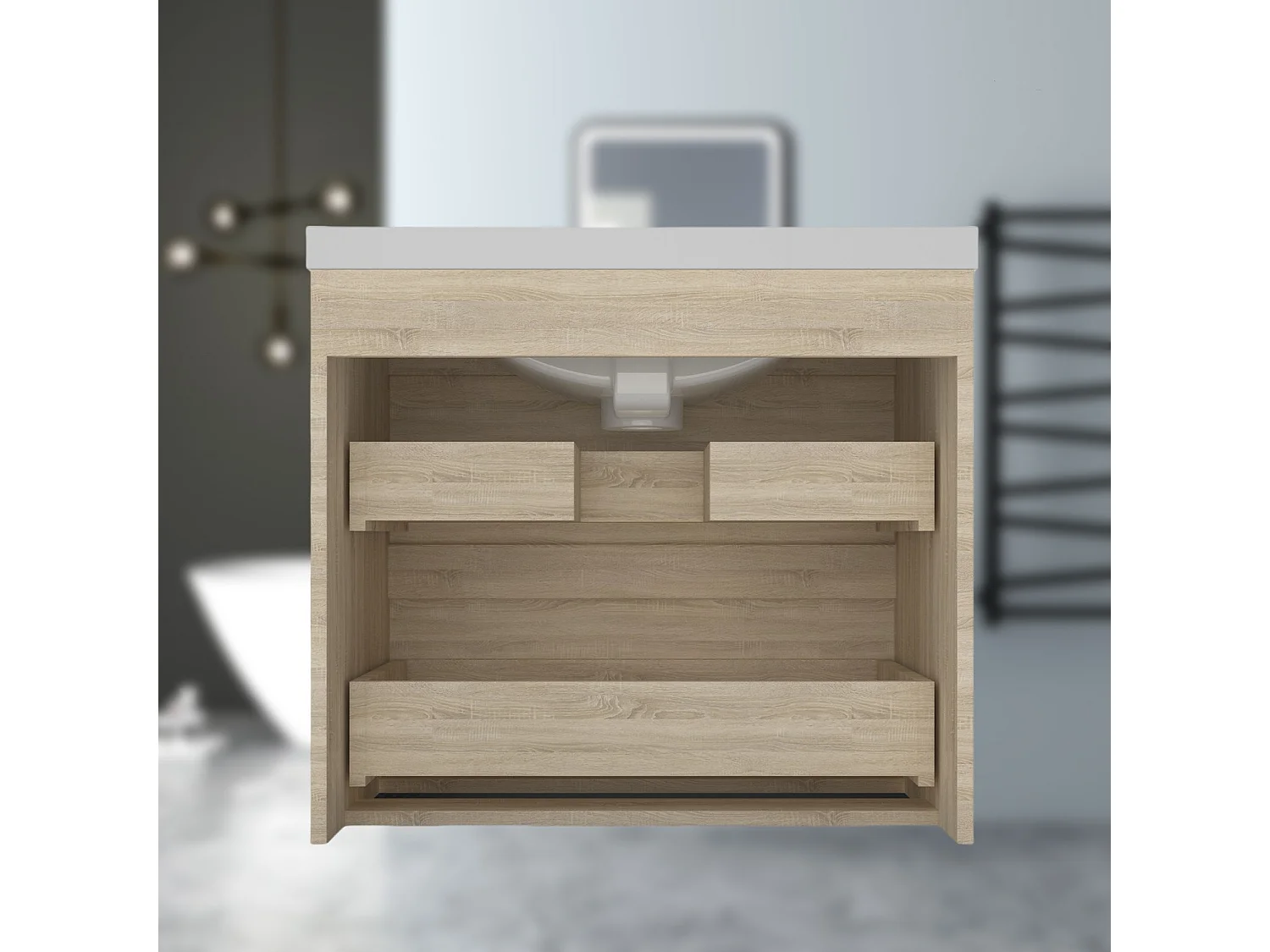 AICA Waschbeckenunterschrank hängend 60cm Dickes Keramik Waschtisch mit Unterschrank - Eiche Matt - CINIC