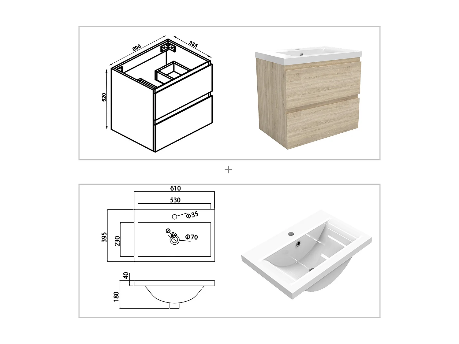 AICA Waschbeckenunterschrank hängend 60cm Dickes Keramik Waschtisch mit Unterschrank - Eiche Matt - CINIC
