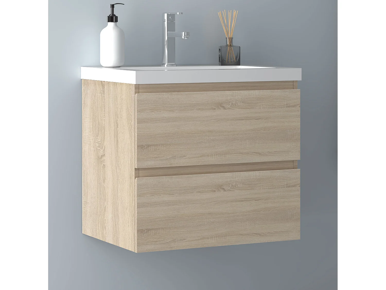 AICA Waschbeckenunterschrank hängend 60cm Dickes Keramik Waschtisch mit Unterschrank - Eiche Matt - CINIC