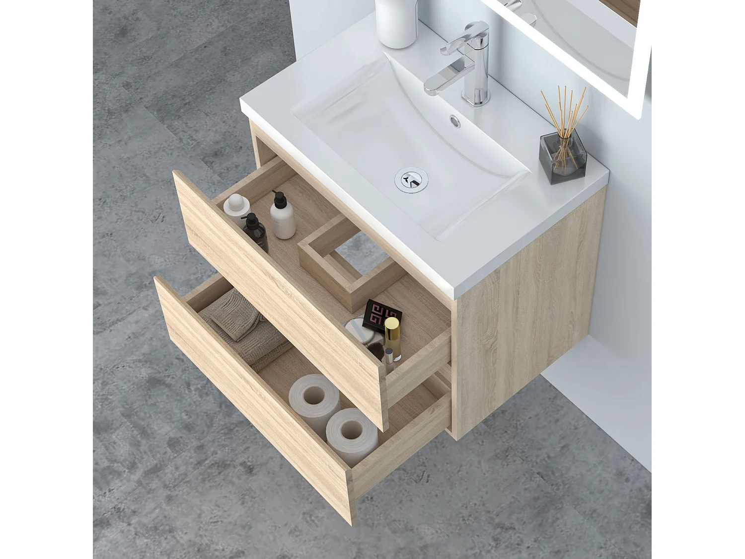 AICA Waschbeckenunterschrank hängend 60cm Dickes Keramik Waschtisch mit Unterschrank - Eiche Matt - CINIC