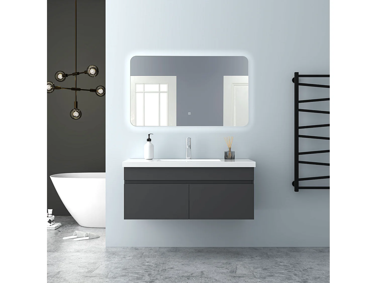 AICA Badezimmerschränke 100cm Mineralguss Waschtisch mit Unterschrank - Dunkelgrau Matt Hängeschrank - MARO