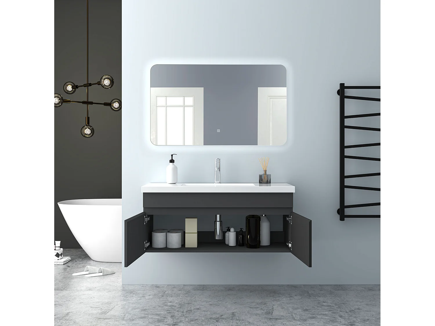 AICA Badezimmerschränke 100cm Mineralguss Waschtisch mit Unterschrank - Dunkelgrau Matt Hängeschrank - MARO