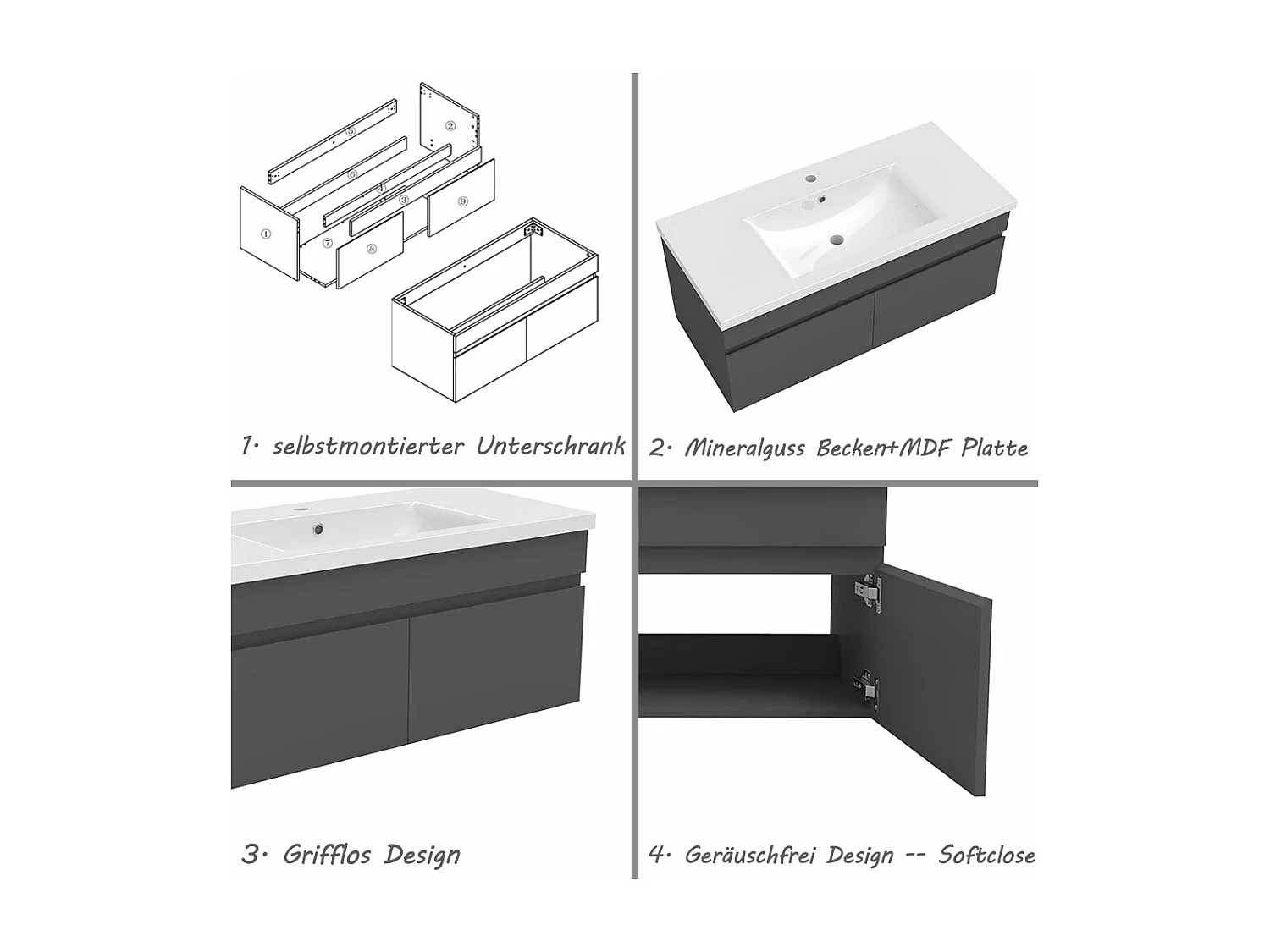 AICA Badezimmerschränke 100cm Mineralguss Waschtisch mit Unterschrank - Dunkelgrau Matt Hängeschrank - MARO