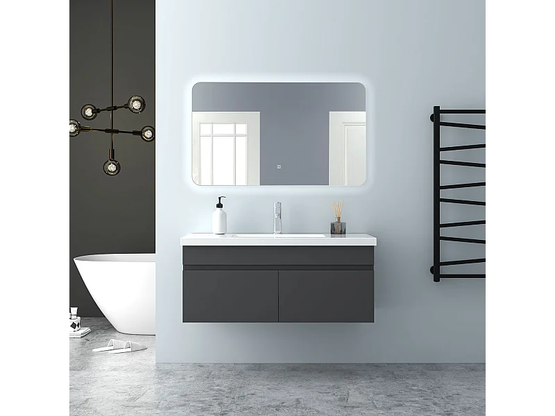 AICA Badezimmerschränke 100cm Mineralguss Waschtisch mit Unterschrank - Dunkelgrau Matt Hängeschrank - MARO