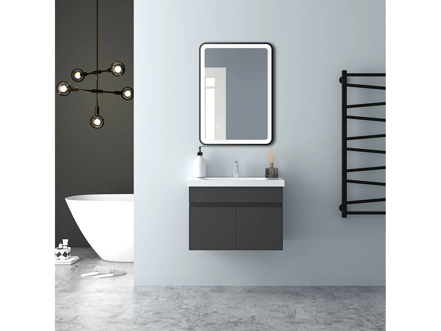 AICA Badezimmerschränke 60cm Dickes Keramik Waschtisch mit Unterschrank - Dunkelgrau Matt Hängeschrank - MARO