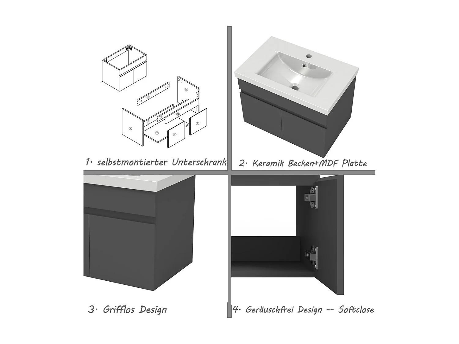 AICA Badezimmerschränke 60cm Dickes Keramik Waschtisch mit Unterschrank - Dunkelgrau Matt Hängeschrank - MARO