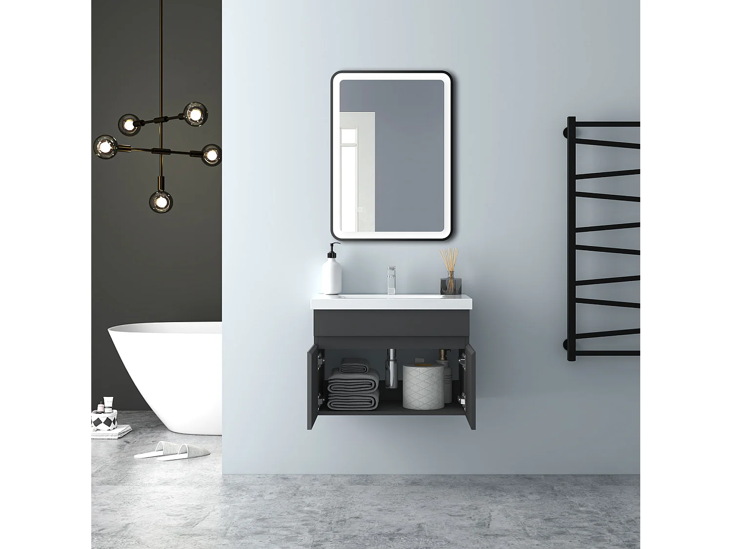 AICA Badezimmerschränke 60cm Dickes Keramik Waschtisch mit Unterschrank - Dunkelgrau Matt Hängeschrank - MARO