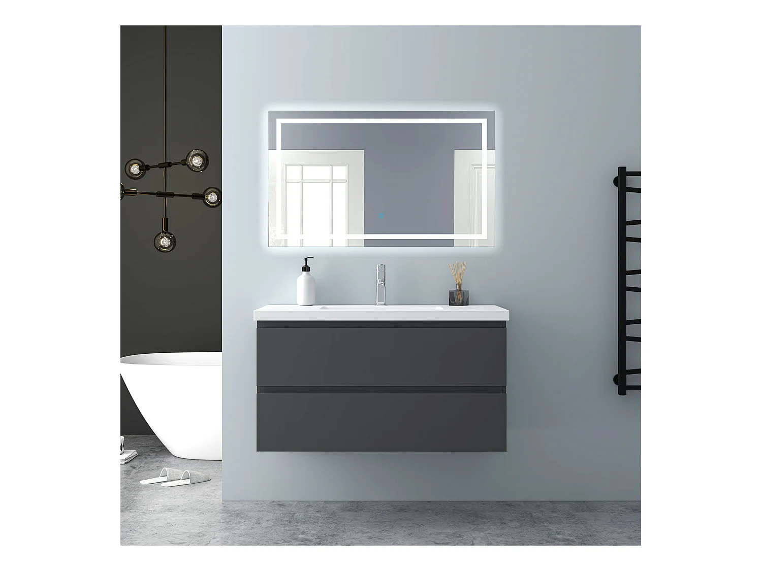 AICA Waschbeckenunterschrank hängend 100cm Mineralguss Waschtisch mit Unterschrank - Dunkelgrau Matt - CINIC