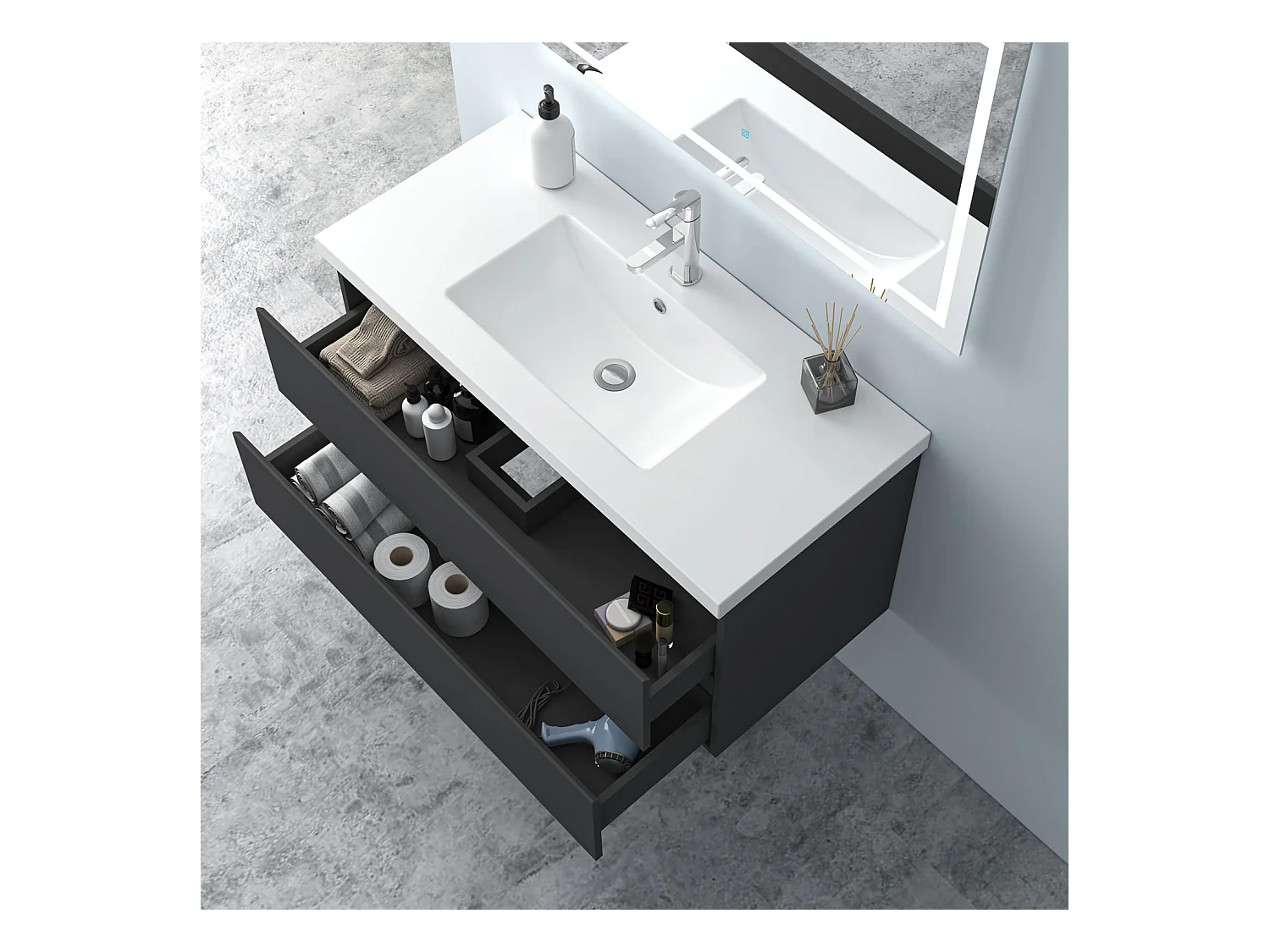 AICA Waschbeckenunterschrank hängend 100cm Mineralguss Waschtisch mit Unterschrank - Dunkelgrau Matt - CINIC