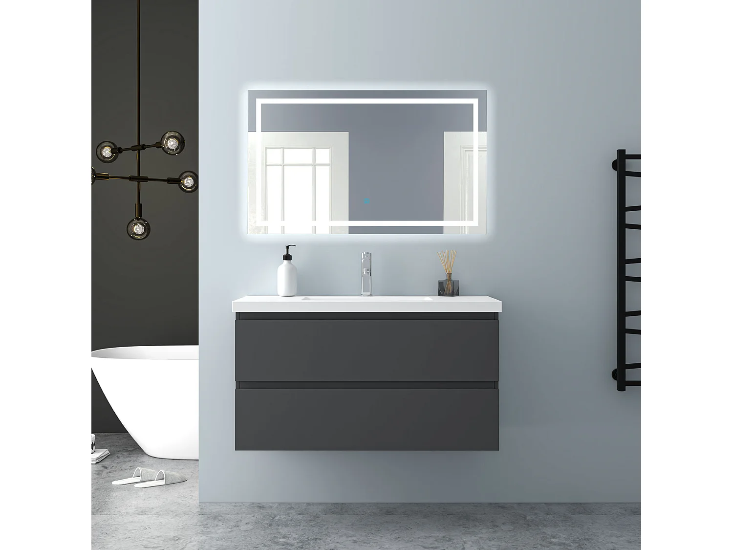 AICA Waschbeckenunterschrank hängend 100cm Mineralguss Waschtisch mit Unterschrank - Dunkelgrau Matt - CINIC