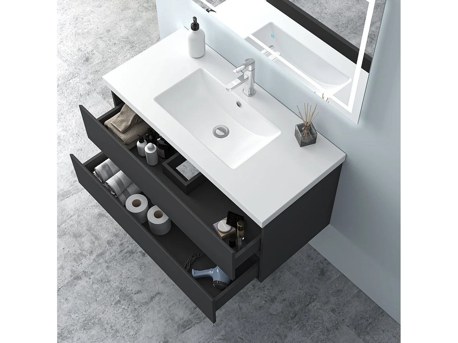 AICA Waschbeckenunterschrank hängend 100cm Mineralguss Waschtisch mit Unterschrank - Dunkelgrau Matt - CINIC