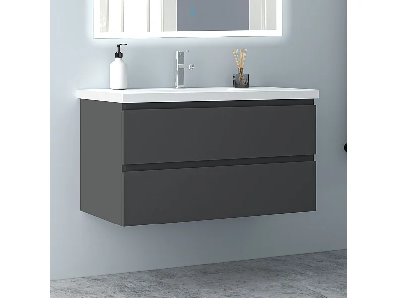 AICA Waschbeckenunterschrank hängend 100cm Mineralguss Waschtisch mit Unterschrank - Dunkelgrau Matt - CINIC