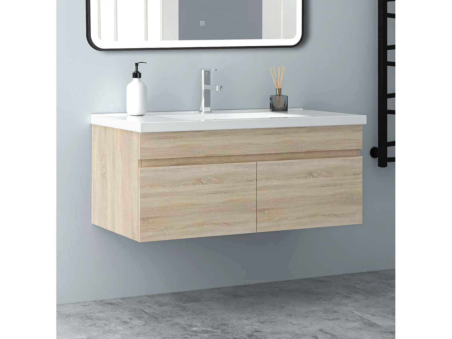 AICA Badezimmerschränke 100cm Keramik Waschtisch mit Unterschrank - Eiche Matt Hängeschrank - MARO