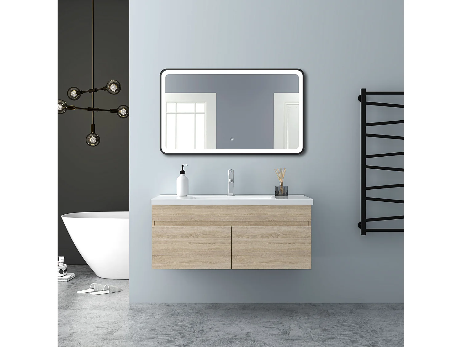 AICA Badezimmerschränke 100cm Keramik Waschtisch mit Unterschrank - Eiche Matt Hängeschrank - MARO