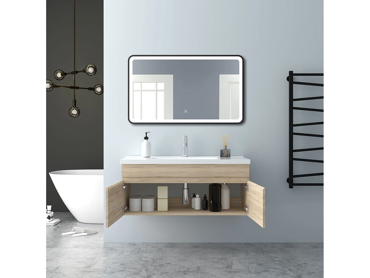 AICA Badezimmerschränke 100cm Keramik Waschtisch mit Unterschrank - Eiche Matt Hängeschrank - MARO