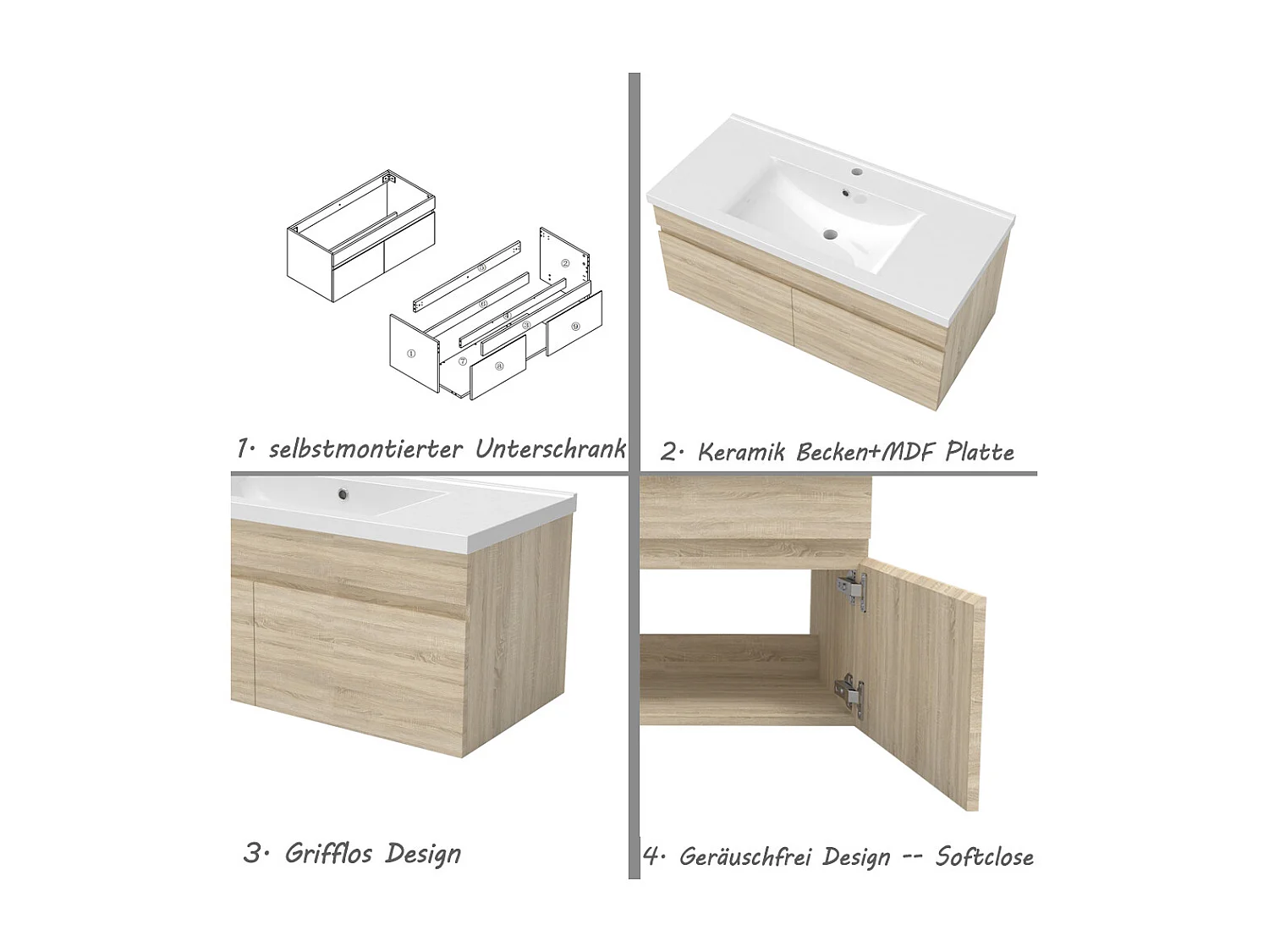 AICA Badezimmerschränke 100cm Keramik Waschtisch mit Unterschrank - Eiche Matt Hängeschrank - MARO