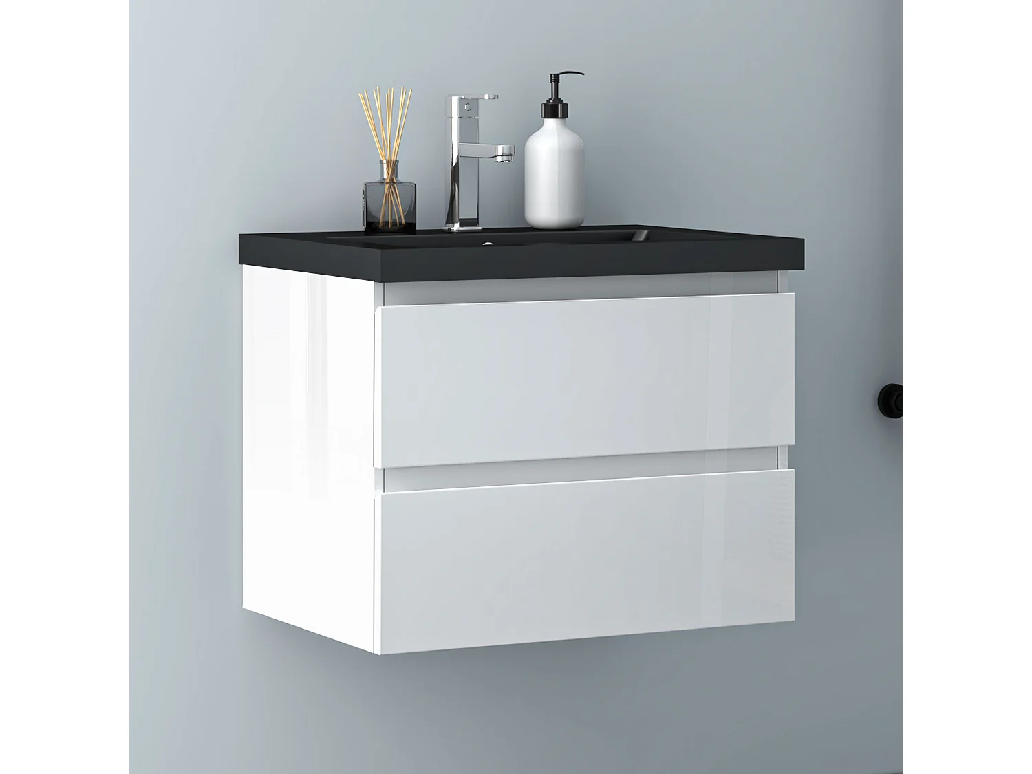 AICA Waschbeckenunterschrank hängend 60cm Schwarz Mineralguss Waschtisch mit Unterschrank - Hochglanz Weiß - CINIC