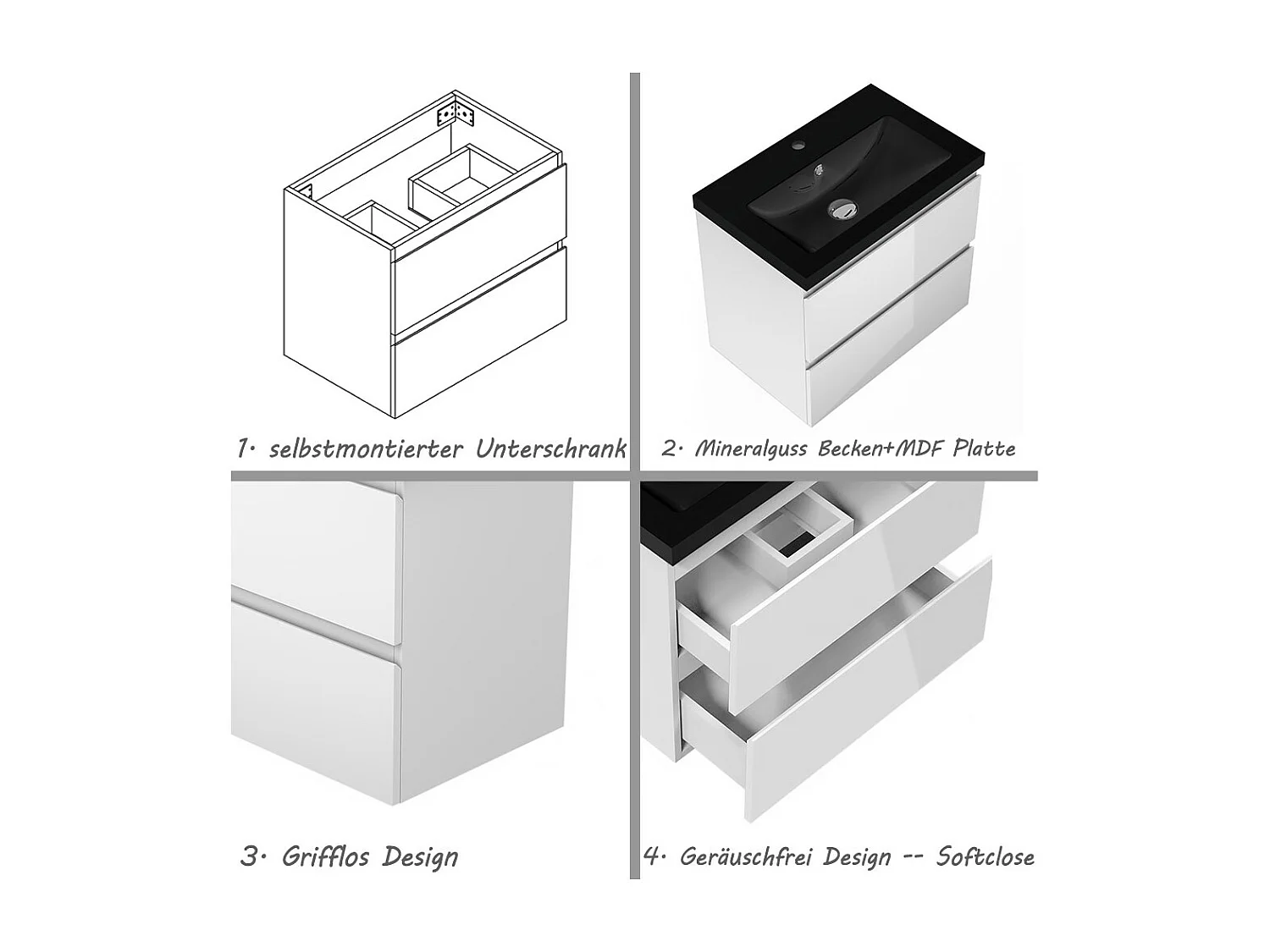 AICA Waschbeckenunterschrank hängend 60cm Schwarz Mineralguss Waschtisch mit Unterschrank - Hochglanz Weiß - CINIC
