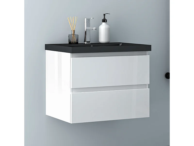 AICA Waschbeckenunterschrank hängend 60cm Schwarz Mineralguss Waschtisch mit Unterschrank - Hochglanz Weiß - CINIC