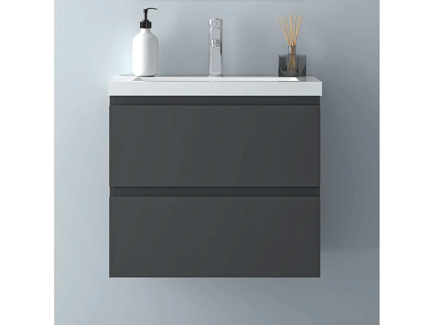 AICA Waschbeckenunterschrank hängend 60cm Mineralguss Waschtisch mit Unterschrank - Dunkelgrau Matt - CINIC