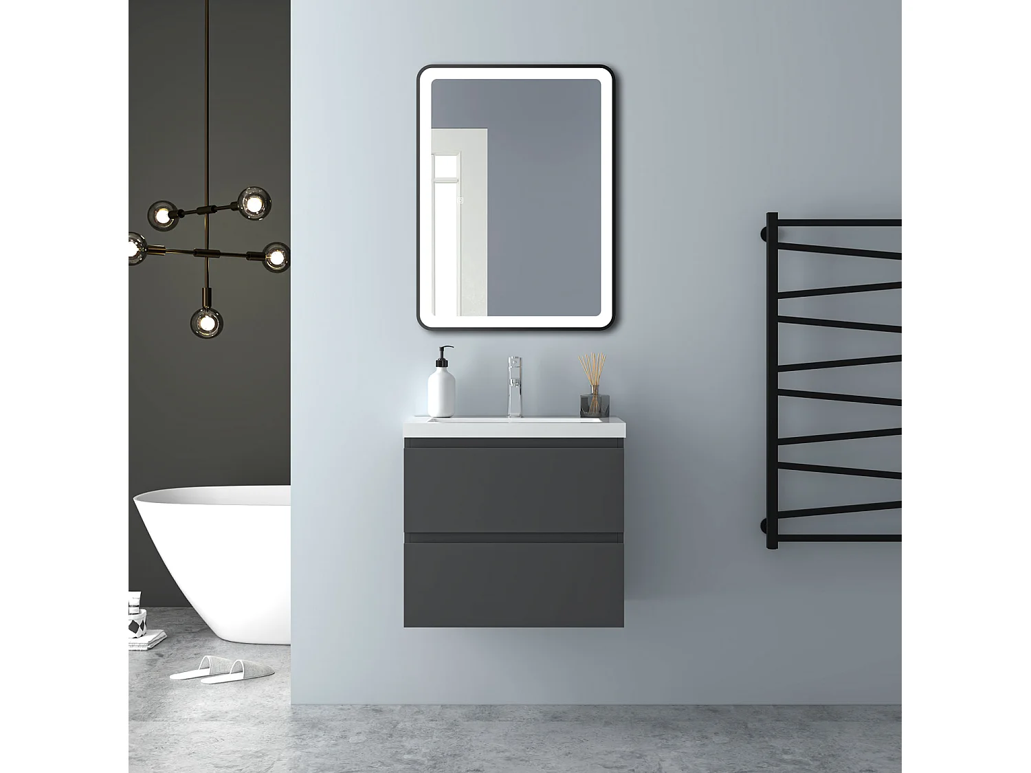 AICA Waschbeckenunterschrank hängend 60cm Mineralguss Waschtisch mit Unterschrank - Dunkelgrau Matt - CINIC