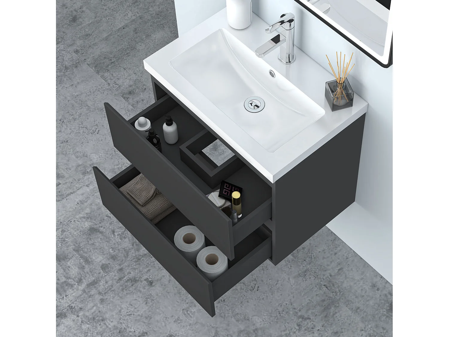 AICA Waschbeckenunterschrank hängend 60cm Mineralguss Waschtisch mit Unterschrank - Dunkelgrau Matt - CINIC
