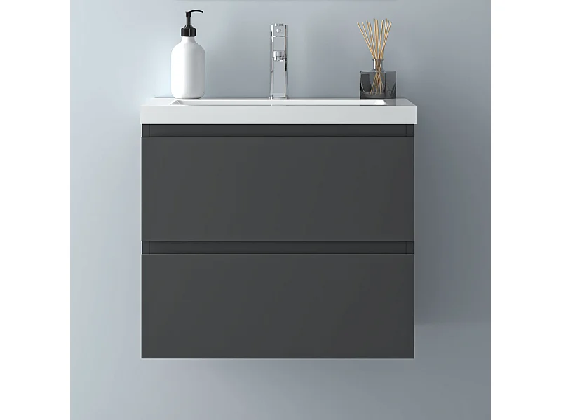 AICA Waschbeckenunterschrank hängend 60cm Mineralguss Waschtisch mit Unterschrank - Dunkelgrau Matt - CINIC