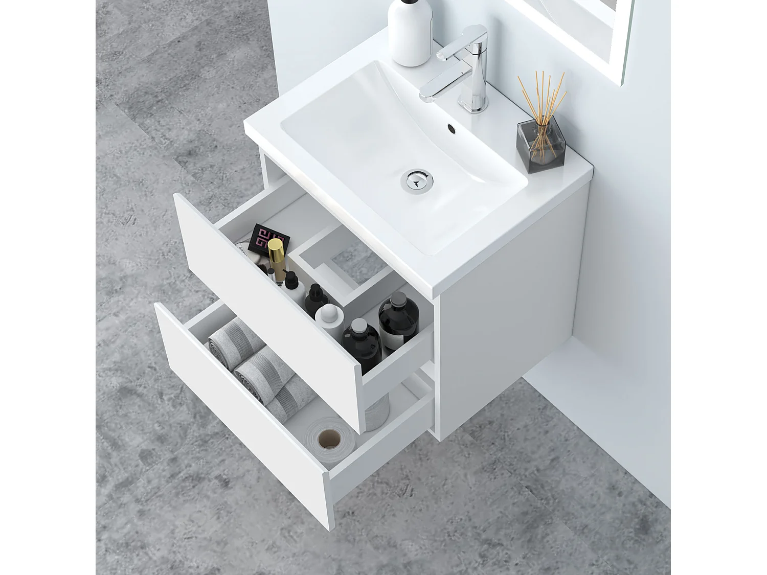 AICA Waschbeckenunterschrank hängend 50cm Mineralguss Waschtisch mit Unterschrank - Weiß Matt - CINIC