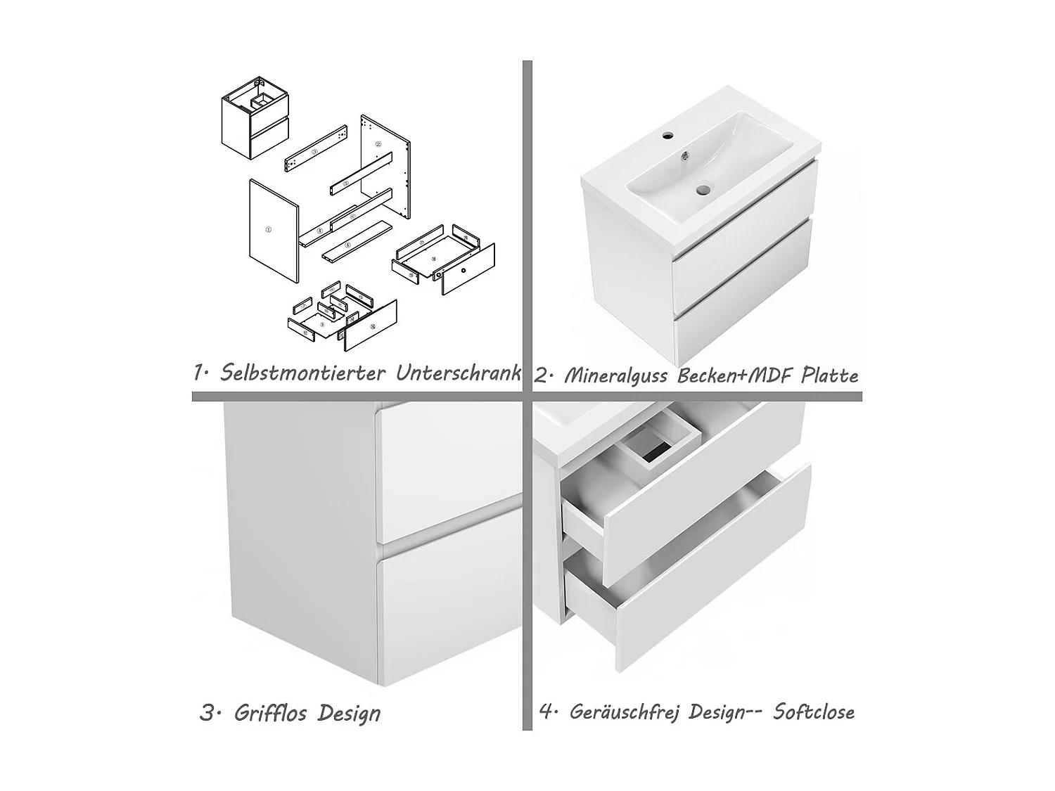 AICA Waschbeckenunterschrank hängend 50cm Mineralguss Waschtisch mit Unterschrank - Weiß Matt - CINIC