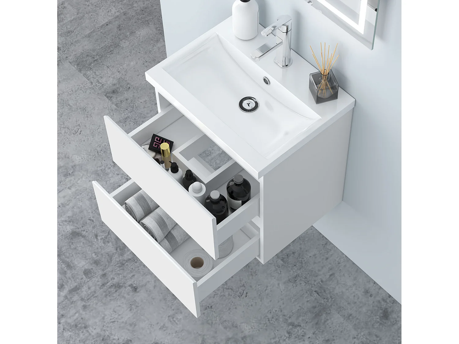 AICA Waschbeckenunterschrank hängend 50cm Keramik Waschtisch mit Unterschrank - Weiß Matt - CINIC