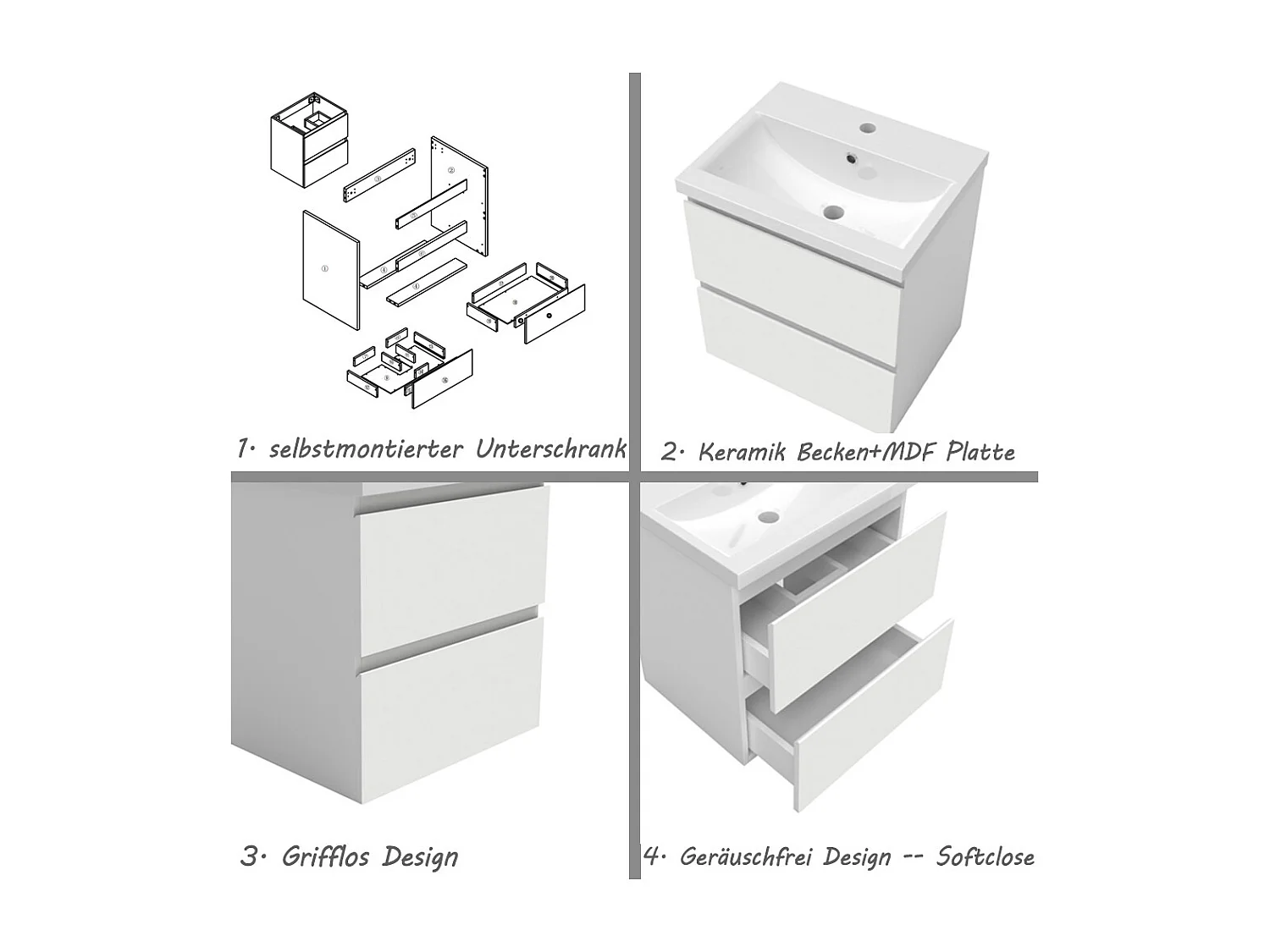 AICA Waschbeckenunterschrank hängend 50cm Keramik Waschtisch mit Unterschrank - Weiß Matt - CINIC