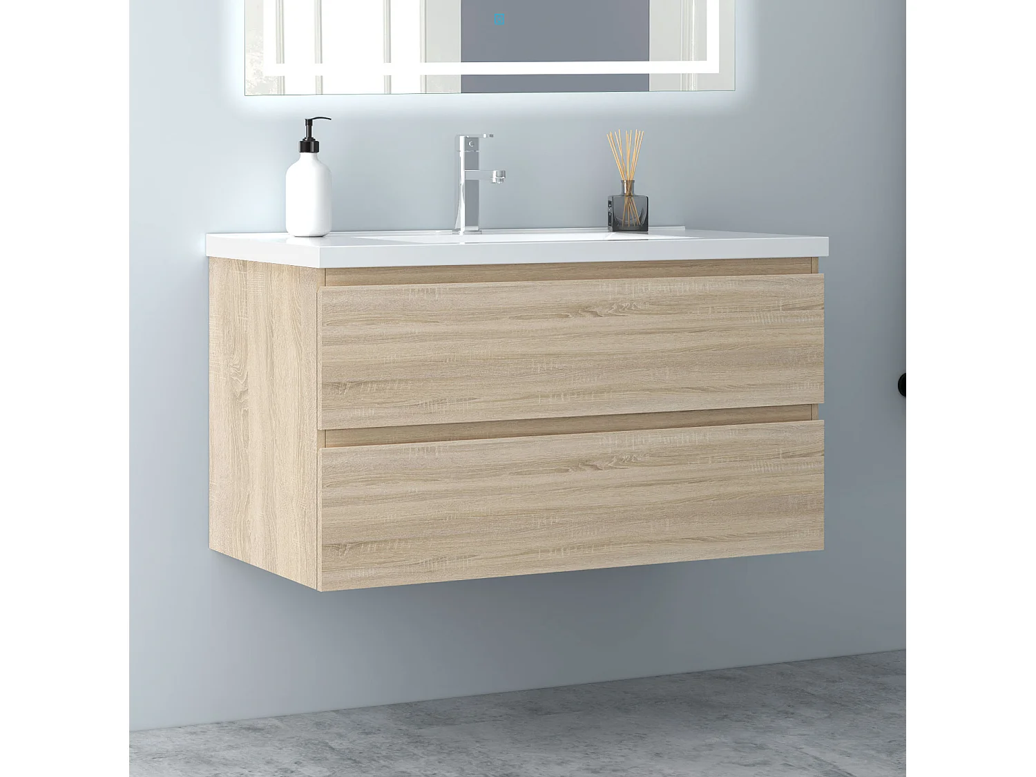 AICA Waschbeckenunterschrank hängend 100cm Keramik Waschtisch mit Unterschrank - Eiche Matt - CINIC