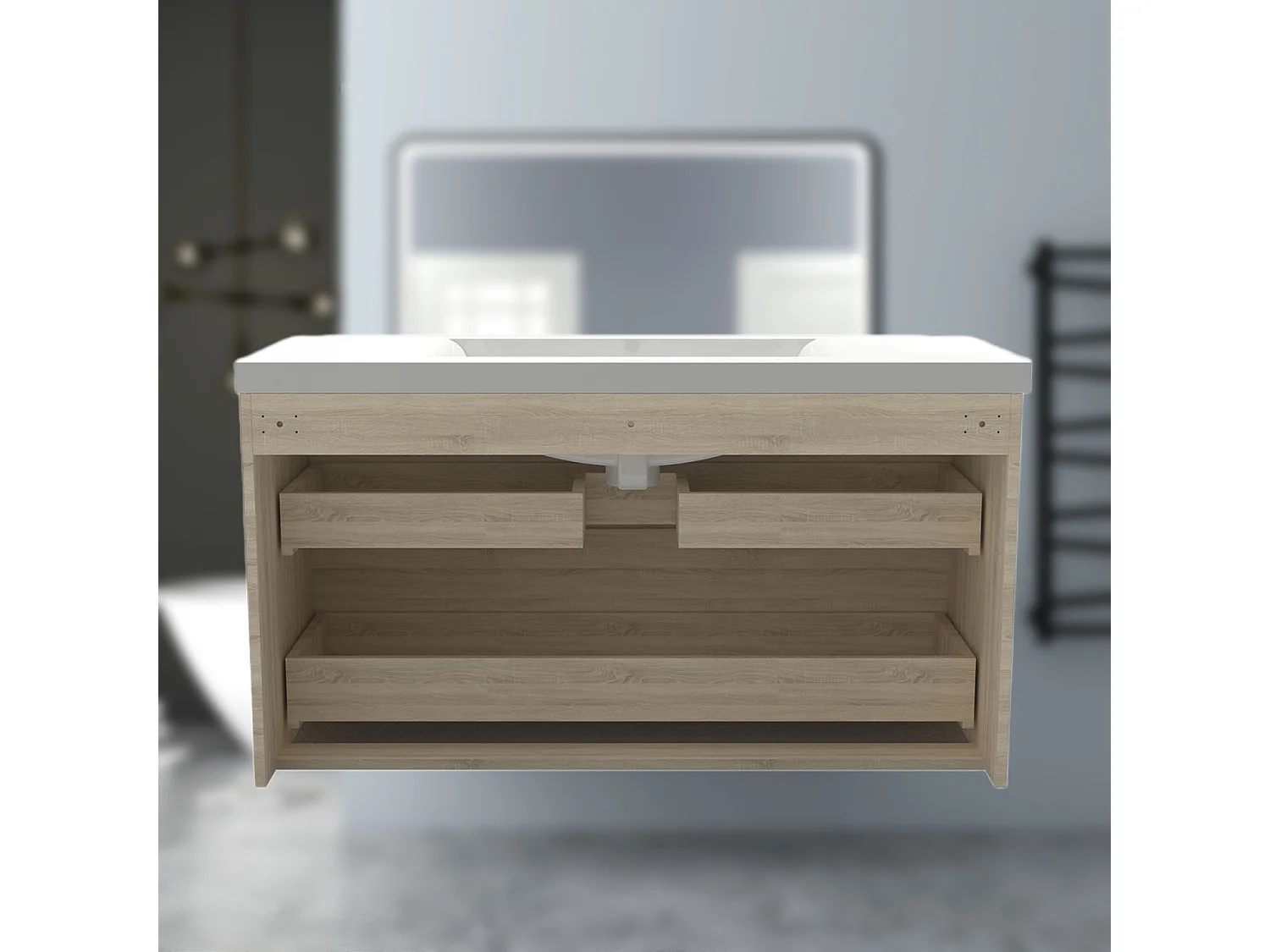 AICA Waschbeckenunterschrank hängend 100cm Keramik Waschtisch mit Unterschrank - Eiche Matt - CINIC