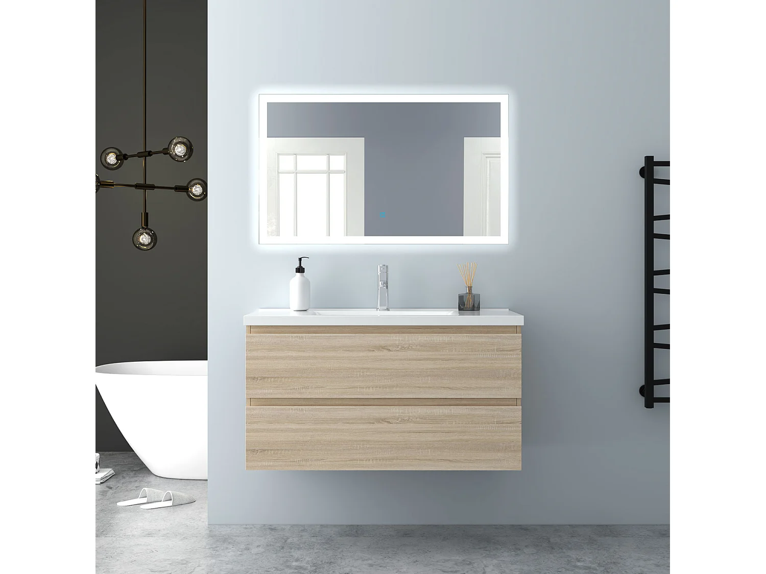 AICA Waschbeckenunterschrank hängend 100cm Keramik Waschtisch mit Unterschrank - Eiche Matt - CINIC