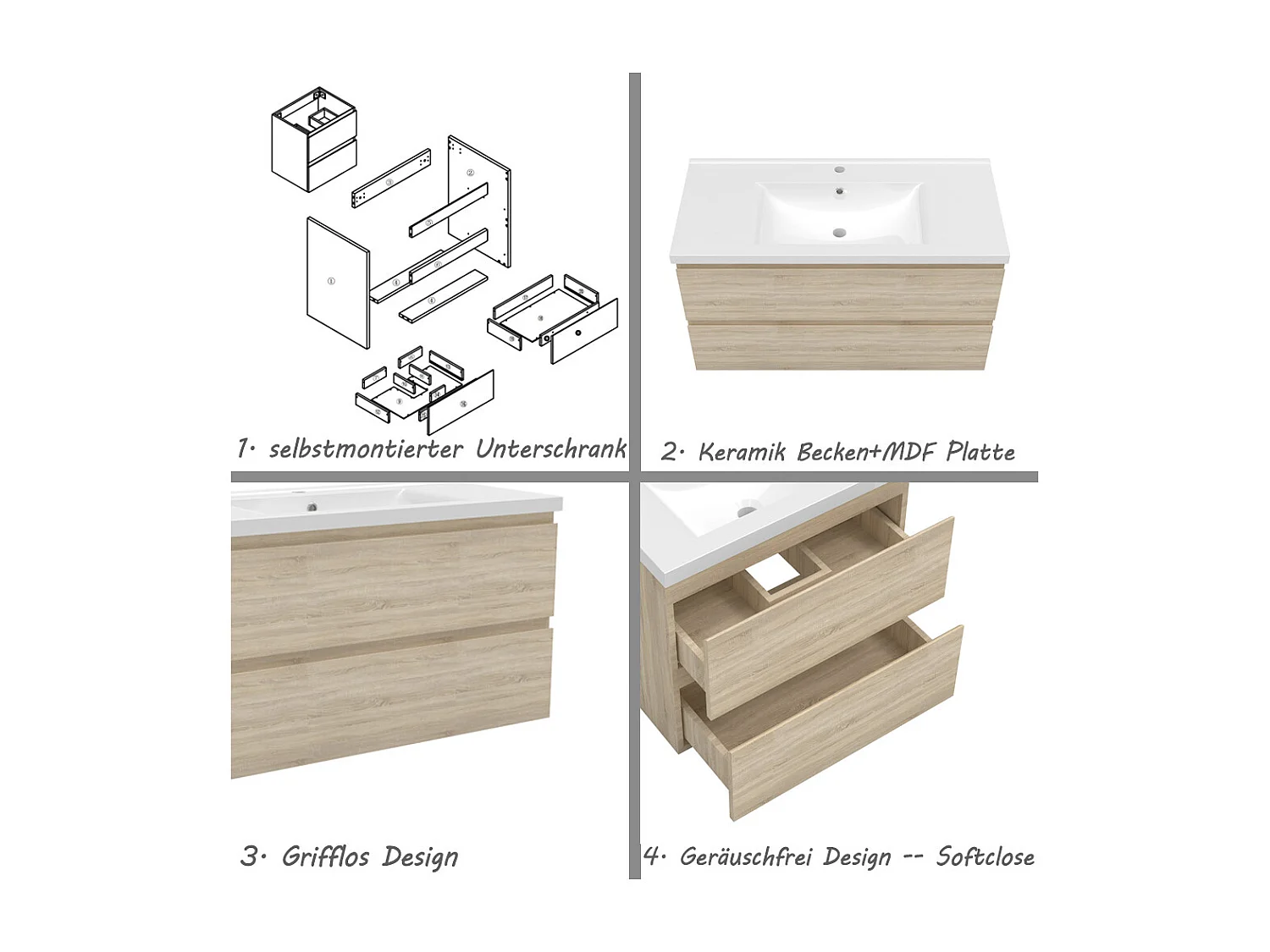 AICA Waschbeckenunterschrank hängend 100cm Keramik Waschtisch mit Unterschrank - Eiche Matt - CINIC