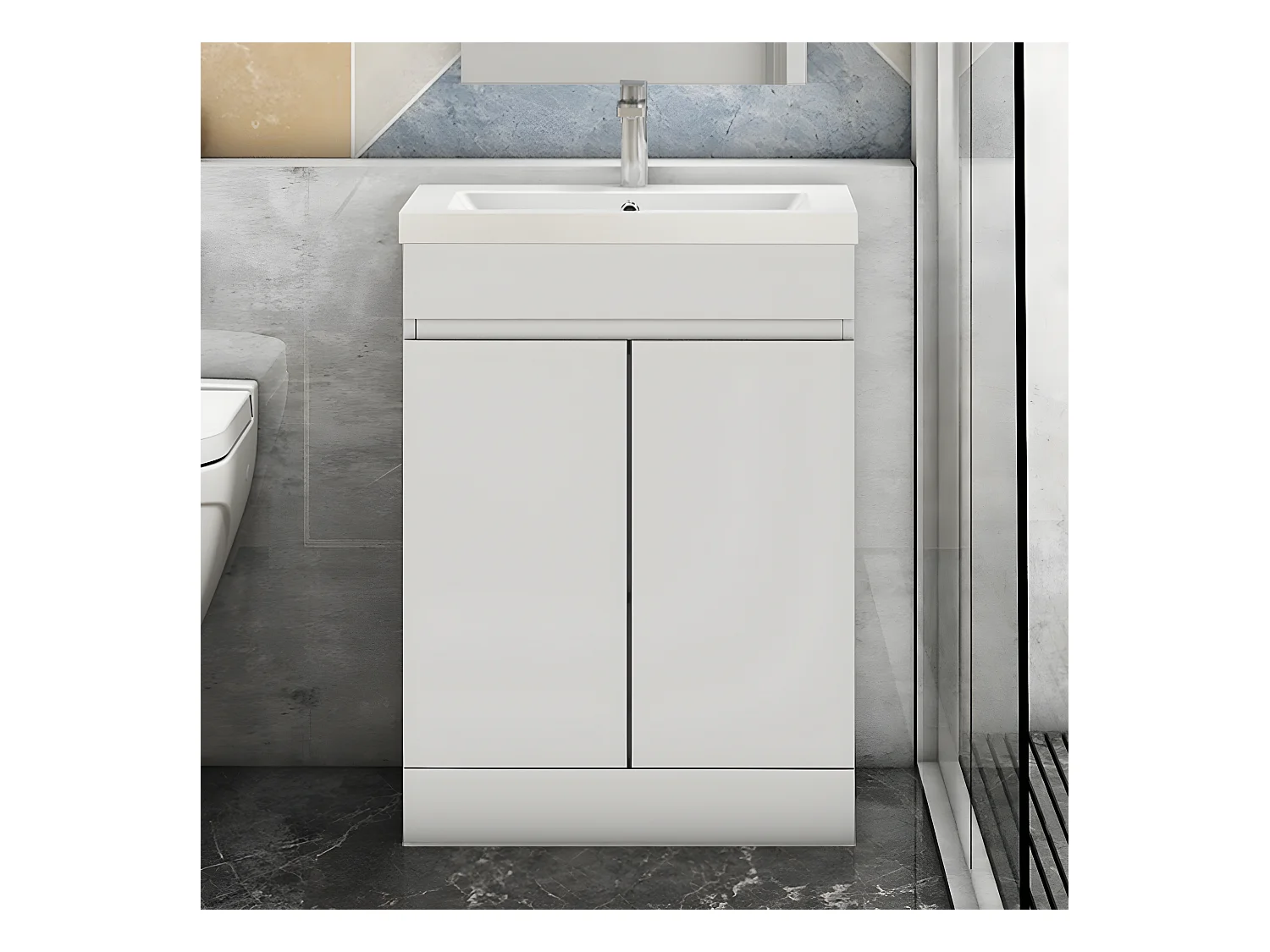 AICA Badezimmermöbel 50 cm Mineralguss waschbecken mit unterschrank -Weiß Matt Standschrank - KANY