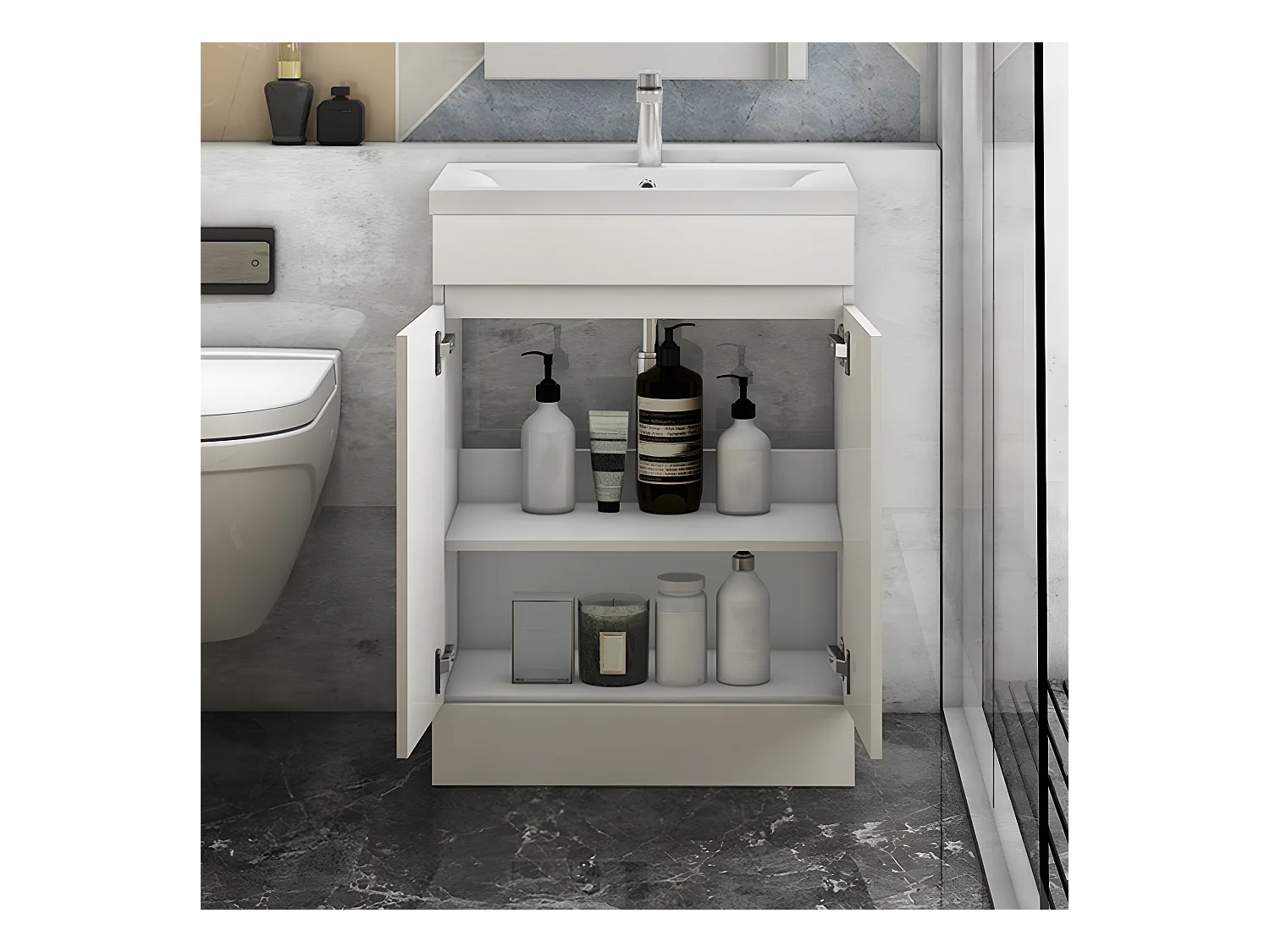 AICA Badezimmermöbel 50 cm Mineralguss waschbecken mit unterschrank -Weiß Matt Standschrank - KANY