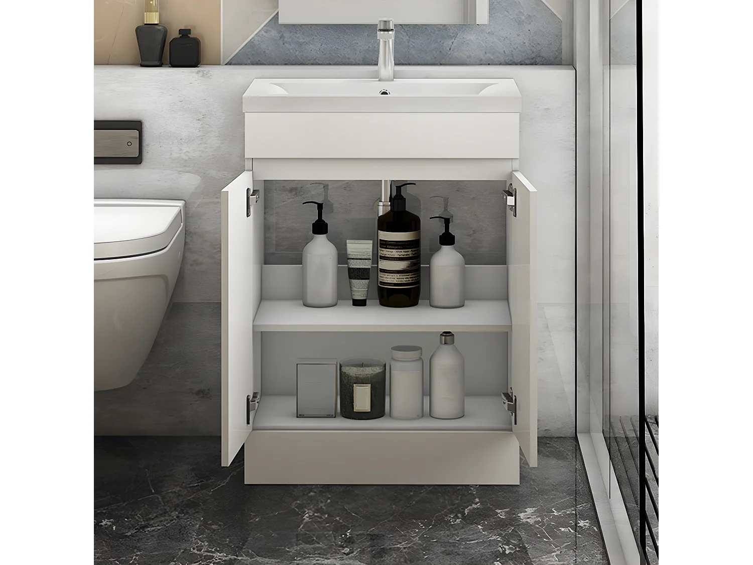 AICA Badezimmermöbel 50 cm Mineralguss waschbecken mit unterschrank -Weiß Matt Standschrank - KANY