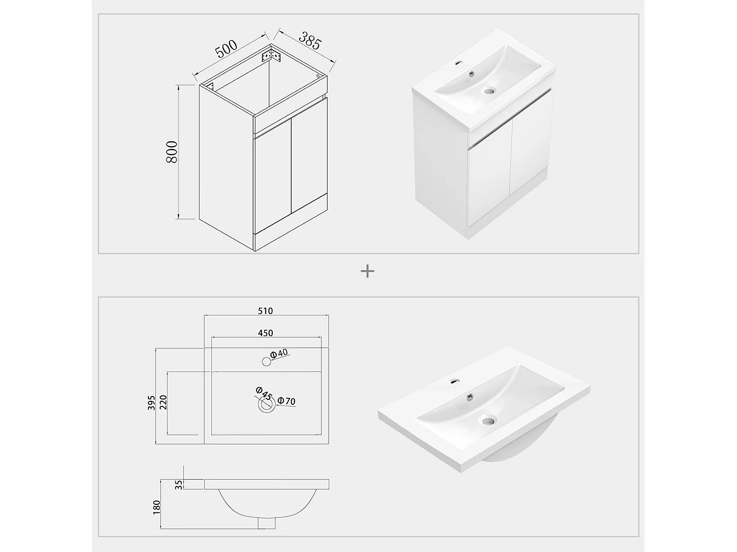 AICA Badezimmermöbel 50 cm Mineralguss waschbecken mit unterschrank -Weiß Matt Standschrank - KANY