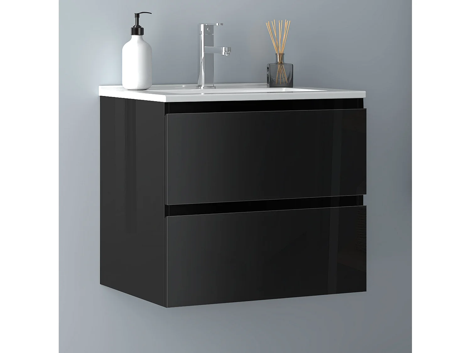AICA Waschbeckenunterschrank hängend 60cm Dünn Keramik Waschtisch mit Unterschrank - Hochglanz Schwarz - CINIC