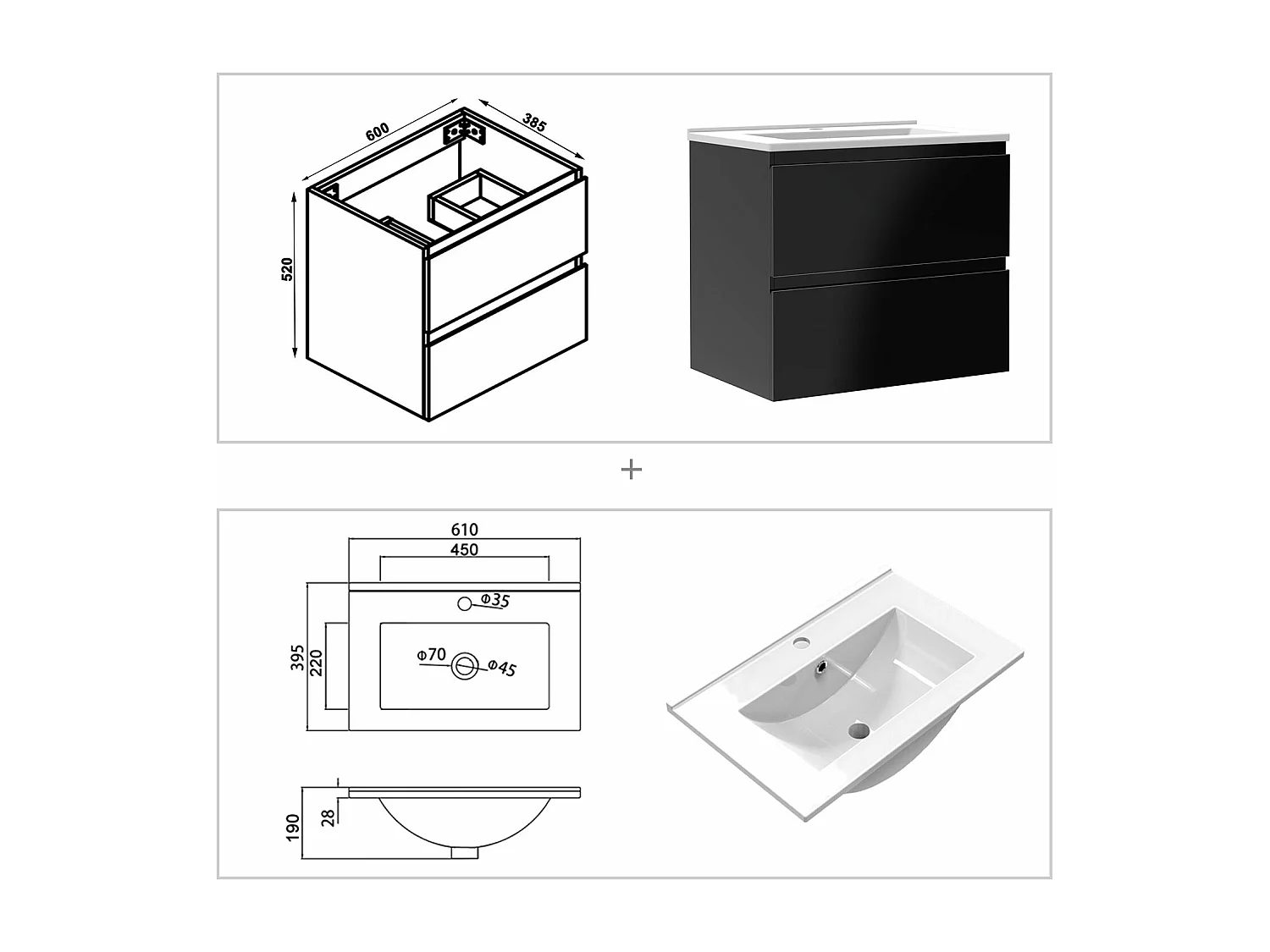 AICA Waschbeckenunterschrank hängend 60cm Dünn Keramik Waschtisch mit Unterschrank - Hochglanz Schwarz - CINIC