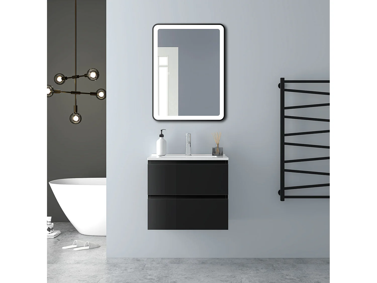 AICA Waschbeckenunterschrank hängend 60cm Dünn Keramik Waschtisch mit Unterschrank - Hochglanz Schwarz - CINIC